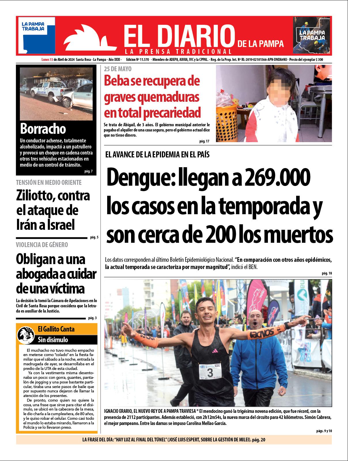 Tapa de El Diario en papel  lunes 15 de abril de 2024